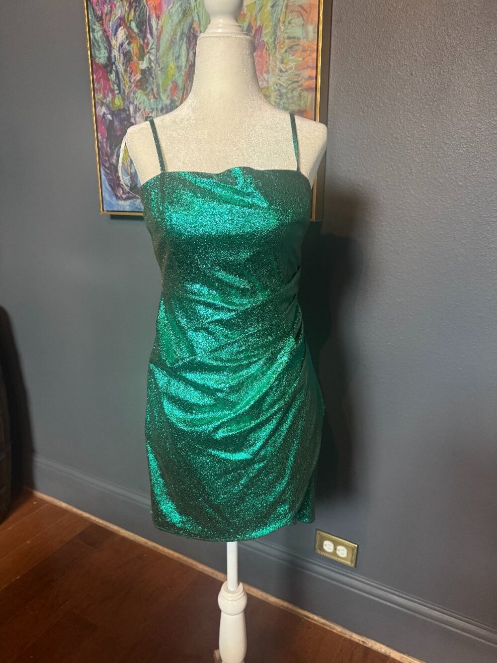 Lulus Emerald Green Metallic Ruched Bodycon Mini Dress Size S